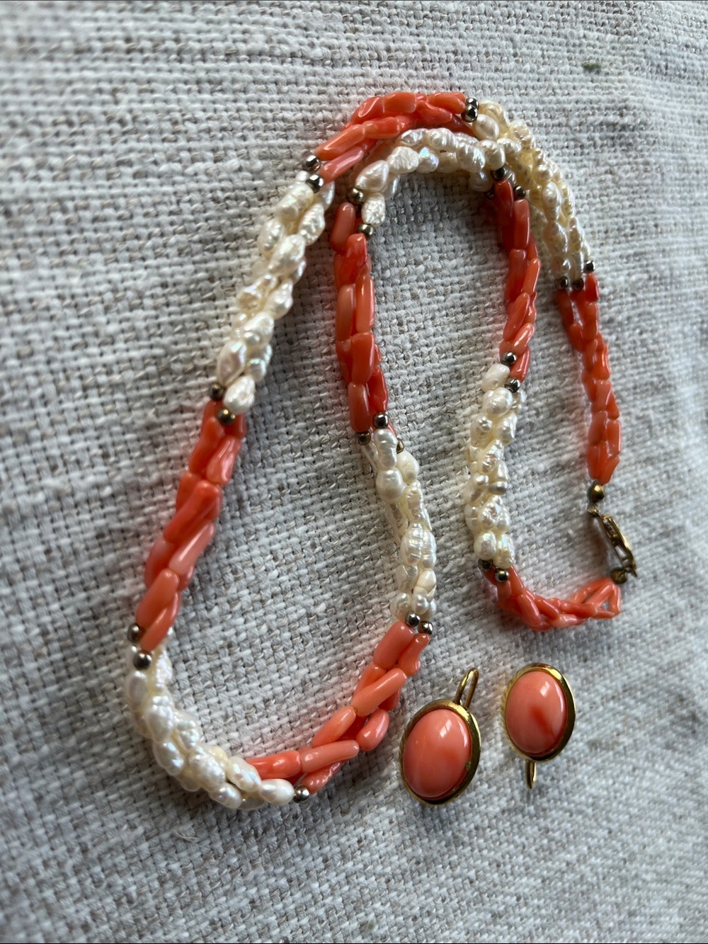 Vintage coral and freshwater seed pearl necklace with matching earrings